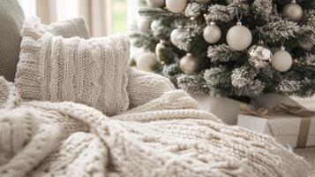 Cozy winter holiday scene with a decorated Christmas tree and soft blankets indoors photo