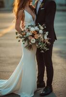 Elegant bride and groom holding hands while posing with a vibrant bouquet during sunset photo