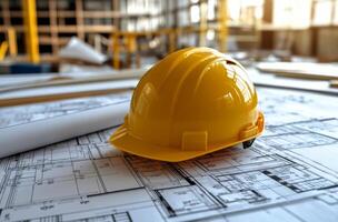 Yellow hard hat rests on blueprints in a sunlit construction office during late afternoon photo
