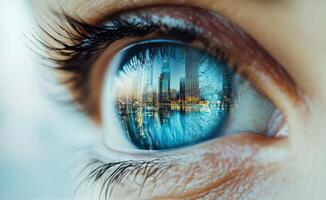 Reflection of a vibrant city skyline captured in a close up of an eye at twilight photo