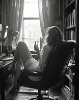 Woman enjoying a glass of sparkling water while sitting at a desk in a cozy home office photo
