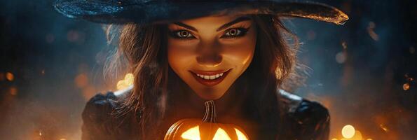 Elegant witch holding a carved pumpkin in a dimly lit autumn setting during Halloween festivities photo