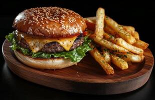 Juicy cheeseburger with fresh toppings served alongside crispy fries on a wooden platter photo