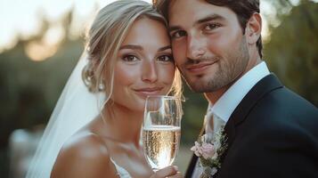 Joyful couple celebrating their wedding with champagne in a lush outdoor setting at sunset photo