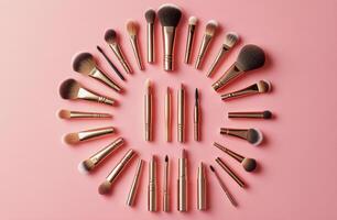 Elegant arrangement of diverse makeup brushes in a circular layout on a soft pink backdrop photo