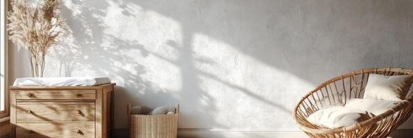 Cozy nursery with rattan crib and minimalist decor bathed in natural sunlight photo