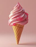 Delicious soft serve ice cream cone with strawberry swirl on a pastel pink background photo
