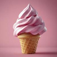 Delicious pink swirl ice cream cone against a vibrant pink background photo