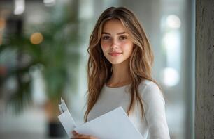 Young woman smiles while holding documents in a bright office during the afternoon photo