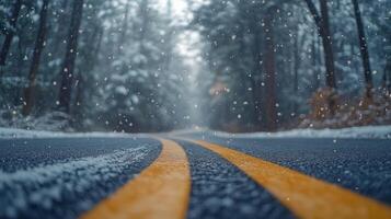 Snow falls gently on a winding road surrounded by tall trees in a winter landscape photo