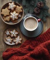 Warm holiday treats with gingerbread cookies and a steaming cup of coffee on a cozy knit backdrop photo