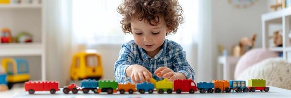 A young child plays with colorful toy train blocks in a bright indoor playroom photo