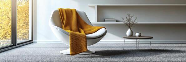 Cozy living room corner featuring a white chair and a warm yellow blanket on a bright afternoon photo
