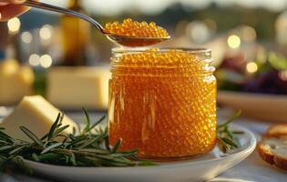 Freshly harvested salmon roe in jar served with herbs and cheese in outdoor setting photo