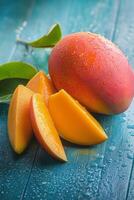 Fresh ripe mango on a blue wooden table with sliced pieces and water droplets photo