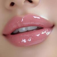 Glossy pink lips close up showcasing a natural smile in bright lighting for a beauty look photo