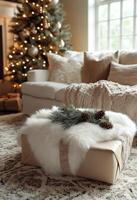 Cozy holiday gift wrapped in white fabric with pinecones, placed near a decorated Christmas tree photo