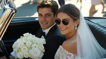 Young couple in classic car at a wedding, smiling with flowers under bright sunlight photo