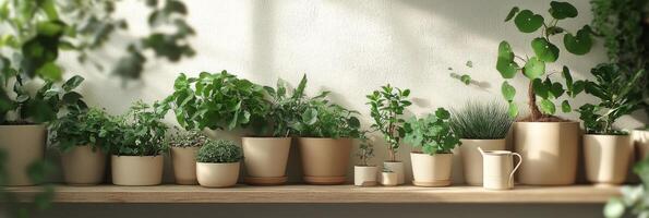 A variety of potted plants on a wooden shelf against a light wall in a cozy indoor setting photo