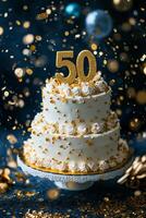 Celebratory two tier cake featuring golden 50 topper surrounded by festive confetti photo