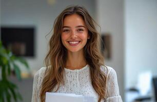 Young woman smiles while holding documents in a bright office during the afternoon photo