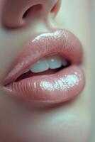 Close up of beautifully glossed lips showcasing a subtle and natural beauty aesthetic photo