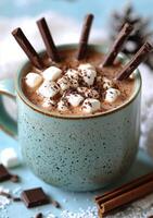 Warm hot chocolate with marshmallows and chocolate sticks in a cozy winter setting photo