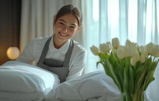 Housekeeping staff member preparing a hotel room with fresh linens and flowers during daytime photo