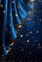 Golden confetti cascading down a dark blue background during a festive celebration event photo