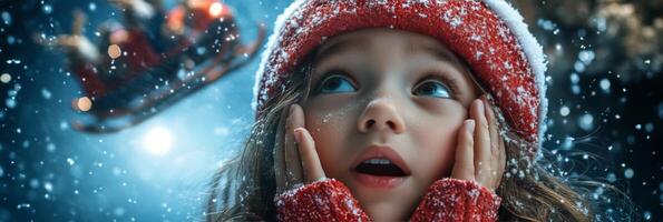 A young girl gazes in wonder at falling snow, anticipating winter festivities during the holidays photo