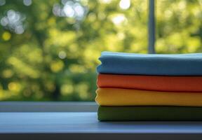 Neatly stacked towels in soft colors by a window with natural light and greenery photo