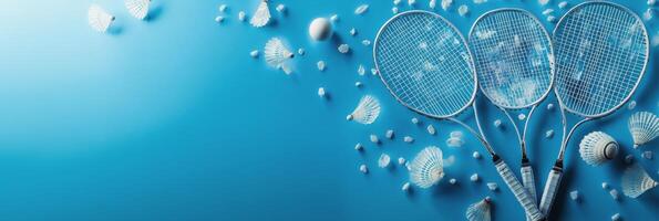 Assorted sports equipment displayed on a blue background highlighting badminton and tennis gear photo