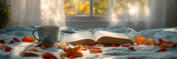Cozy autumn morning with an open book, a cup of tea, and fallen leaves on a sunny bed photo