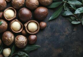 Freshly harvested macadamia nuts surrounded by lush green leaves in a vibrant display photo