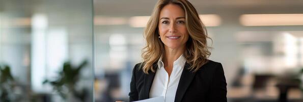 Professional woman holding documents in a modern office setting during a business day photo