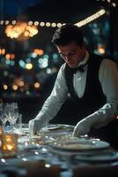 Elegant waiter serving a fine dining meal in an opulent restaurant setting during evening hours photo