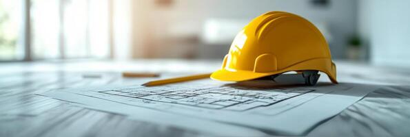 Bright yellow hard hat rests on construction plans in a well lit modern workspace photo
