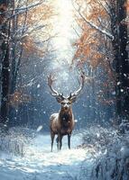 A majestic deer with large antlers standing in a snowy forest during winter photo