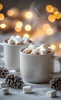 Cozy cups of hot chocolate with marshmallows on a soft blanket during a warm winter evening photo