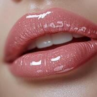 Glossy pink lips close up showcasing a natural smile in bright lighting for a beauty look photo