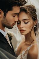 A tender moment between a bride and groom under soft wedding veil during sunset photo