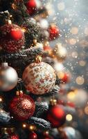 Close up of Christmas ornaments hanging on a frosted tree with warm lights in the background photo