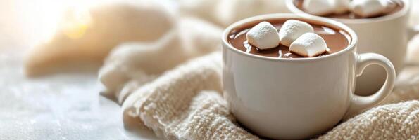 Warm cups of hot chocolate topped with marshmallows on a cozy winter afternoon photo