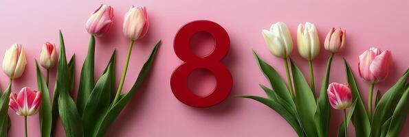 Brightly colored tulips surround a red number eight on a pink backdrop for a celebratory occasion photo
