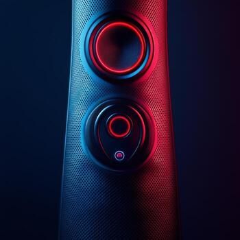 Modern audio speaker illuminated with red and blue lights against a dark background photo