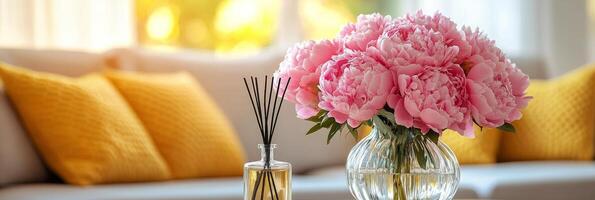 Bright living room with a pink peony bouquet and a stylish fragrance diffuser on a sunny day photo