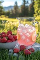 Refreshing strawberry lemonade served in a pitcher on a sunny day in a lush green field photo