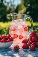 Refreshing strawberry lemonade served in a pitcher on a sunny day in a lush green field photo
