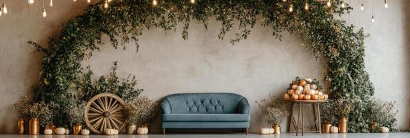 Cozy autumn decorations with a teal couch, pumpkins, and greenery in a warm setting photo