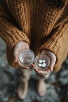 Holding a glass of water and tablets in a cozy setting during a chilly afternoon photo